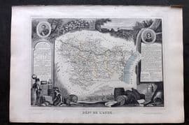 Levasseur 1852 Antique Map. Dept De L'Aude