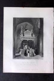 London Interiors 1844 Antique Print. Tomb of Queen Elizabeth. Westminster Abbey