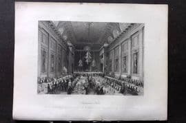 London Interiors 1844 Print. Freemason's Hall. Dinner of the Royal Human Society