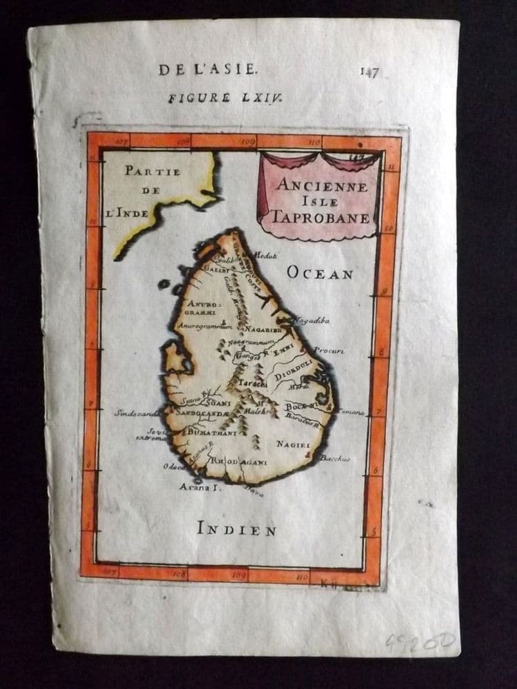 Mallet 1683 Hand Col Map Ancienne Isle Taprobane Ceylon Sri Lanka