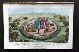 Munchausen & Cruikshank 1877 HC Satire Print. Baron defeats a Host of Lions