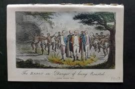 Munchausen & Cruikshank 1877 HC Satire Print. Baron in Danger of being Roasted