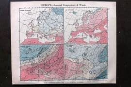 Philip 1908 Climate Map. Europe Seasonal Temperature & Winds