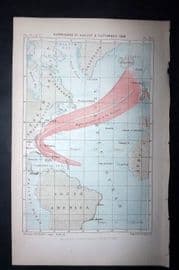 Reclus 1873 Antique Map. Hurricane of August & September 1848. Atlantic