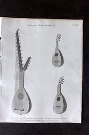 Rees 1820 Antique Music Print. Arch Lute, Mandoline, Mandola 13