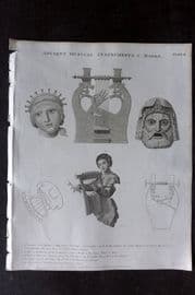 Rees 1820 Antique Music Print. Greek Barbiton, Mask of Hercules, Lyres 02