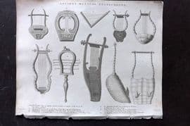 Rees 1820 Antique Music Print. Lyres, Triangular Harp, Egyptian Systrum 04