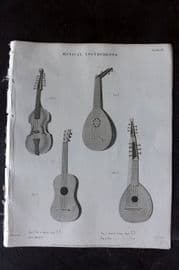 Rees 1820 Antique Music Print. Viol d'Amour, Spanish Guitar, Mandore, Lute 15