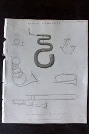 Rees 1820 Music Print. Hunting Horns, Serpent, French Horn, Bugle, Trombone 12