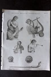 Rees 1820 Music Print. Timbrel, Bacchanal , Citharistria, Theatrical Masks 01