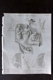 Rees 1820 Music Print. Tuba or Long Trumpet, Cupid playing Flute, Harps 03