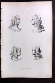 Shaw Middle Ages 1843 Antique Print. Head Dresses. 16th Century