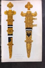 Shaw Middle Ages 1843 HCol Print. A Dagger and Sword designed by Holbein. 16thC