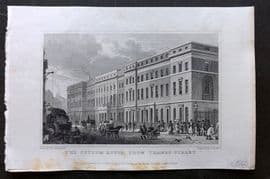 Shepherd 1829 Antique London Print. Custom House from Thames Street