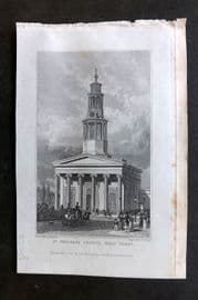 Shepherd 1829 Antique London Print. St. Pancrass Church, West Front