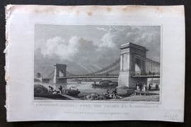 Shepherd 1829 London Print. Suspension Bridge over the Thames at Hammersmith