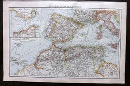 Times Atlas 1895 Antique Map. Mediterranean Sea, Western