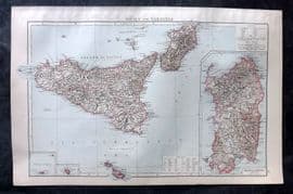 Times Atlas 1895 Antique Map. Sicily and Sardinia, Italy
