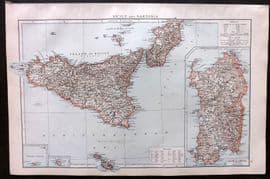 Times Atlas 1895 Antique Map. Sicily and Sardinia, Italy