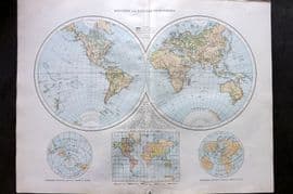 Times Atlas 1895 LG Antique Map. Western & Eastern Hemispheres
