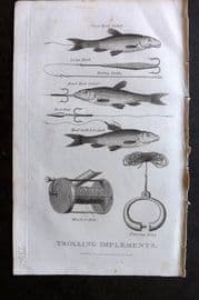 William Daniel 1801 Antique Fish Print. Trolling Implements. Angling Fishing