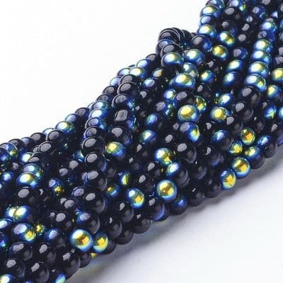 4mm Round Glass Beads - AB plated Black - Approx 80 beads