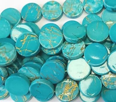 Acrylic Round 20x5mm Turquoise with Gold Swirl beads (10)