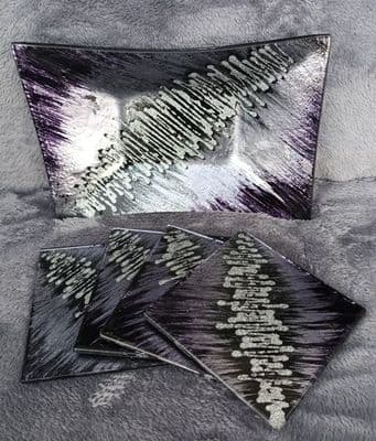 Agate Glass Small Rectangular Bowl and 4 Coasters - Grey