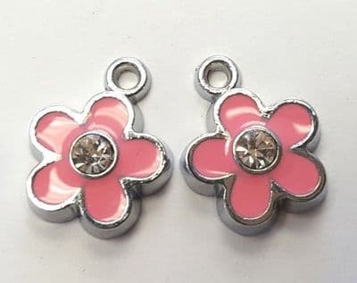 Alloy Enamel Flower Charm/Pendant with Rhinestone - Pale Pink (pack of 2)