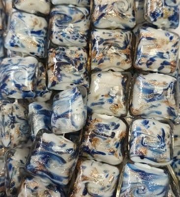 Blue, White square glass beads with foil (10)