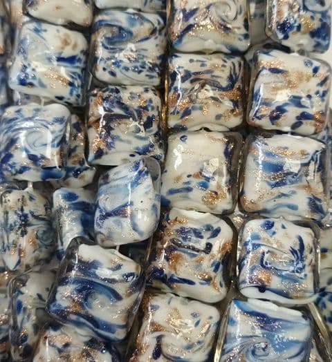 Blue, White square glass beads with foil (10)