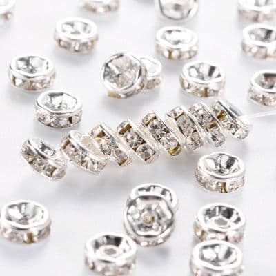 Brass Rhinestone Rondelle Silver Spacer Beads (6mm Grade A) Pack of 20