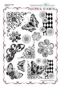 Chocolate Baroque Butterfly Daisy Collage Rubber Stamp