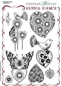 Chocolate Baroque Fluttering Hearts Rubber Stamp