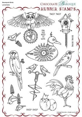 Chocolate Baroque Steampunk Birds Rubber Stamp