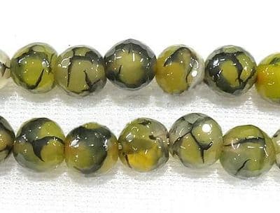 Faceted Round Olive Natural Dragon Veins Agate Beads - Grade A - 8mm - 23 beads