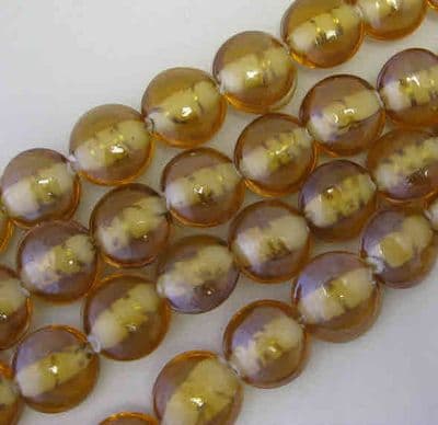 Handmade Lampwork Flat Round Beads - Topaz Brown with foiled streaks (12 beads)