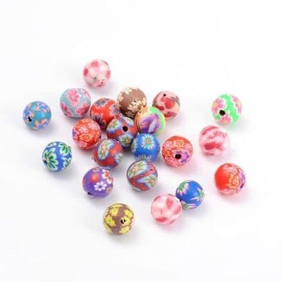 Handmade Round 8mm Polymer Clay Beads - Mixed Colour (20 beads)