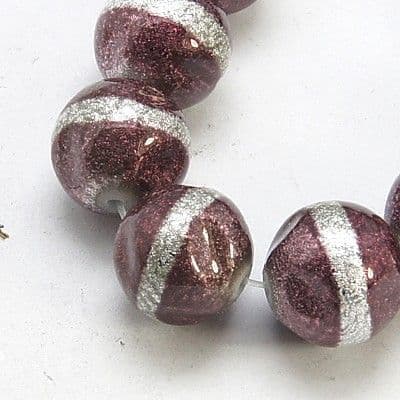Indian Red Glass 12mm bead with central silver strip (17)