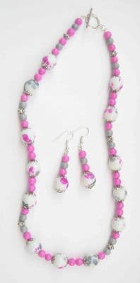 Pink and Grey Speckled Necklace & Earrings Kit