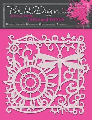 Pink Ink Stencil Cogs and Wings (8x8