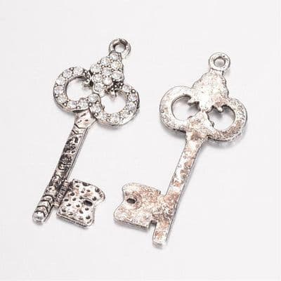 Rhinestone (Grade A) Antique Silver Rustic Key Charm (1)