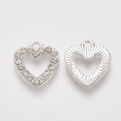 Rhinestone Silver Heart Charms (2)