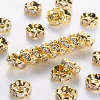 Rhinestone Spacer Beads, Golden, 8mm, clear rhinestone (20)