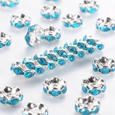 Rhinestone Spacer Beads, Silver, 8mm, blue rhinestone (20)