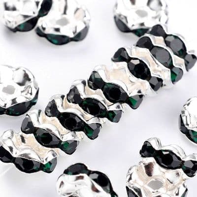 Rhinestone Spacer Beads, Silver, 8mm, dark emerald rhinestone (20)