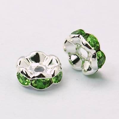 Rhinestone Spacer Beads, Silver, 8mm, green rhinestone (20)