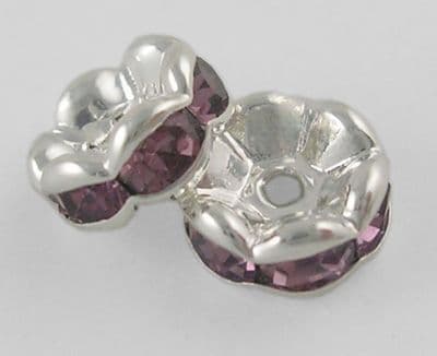 Rhinestone Spacer Beads, Silver, 8mm, light amethyst rhinestone (20)