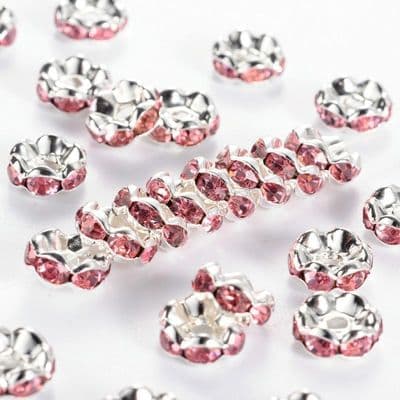 Rhinestone Spacer Beads, Silver, 8mm, pink rhinestone (20)