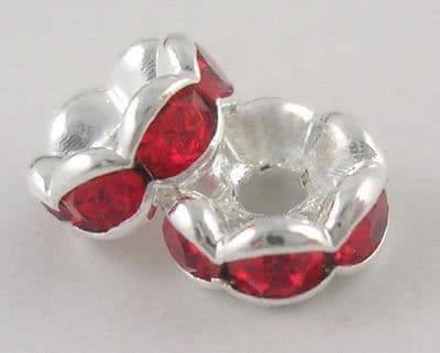 Rhinestone Spacer Beads, Silver, 8mm, Red rhinestone (20)